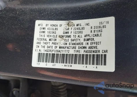 2016 Honda Accord Lx z USA, uszkodzony, nr VIN 1HGCR2F32GA211772